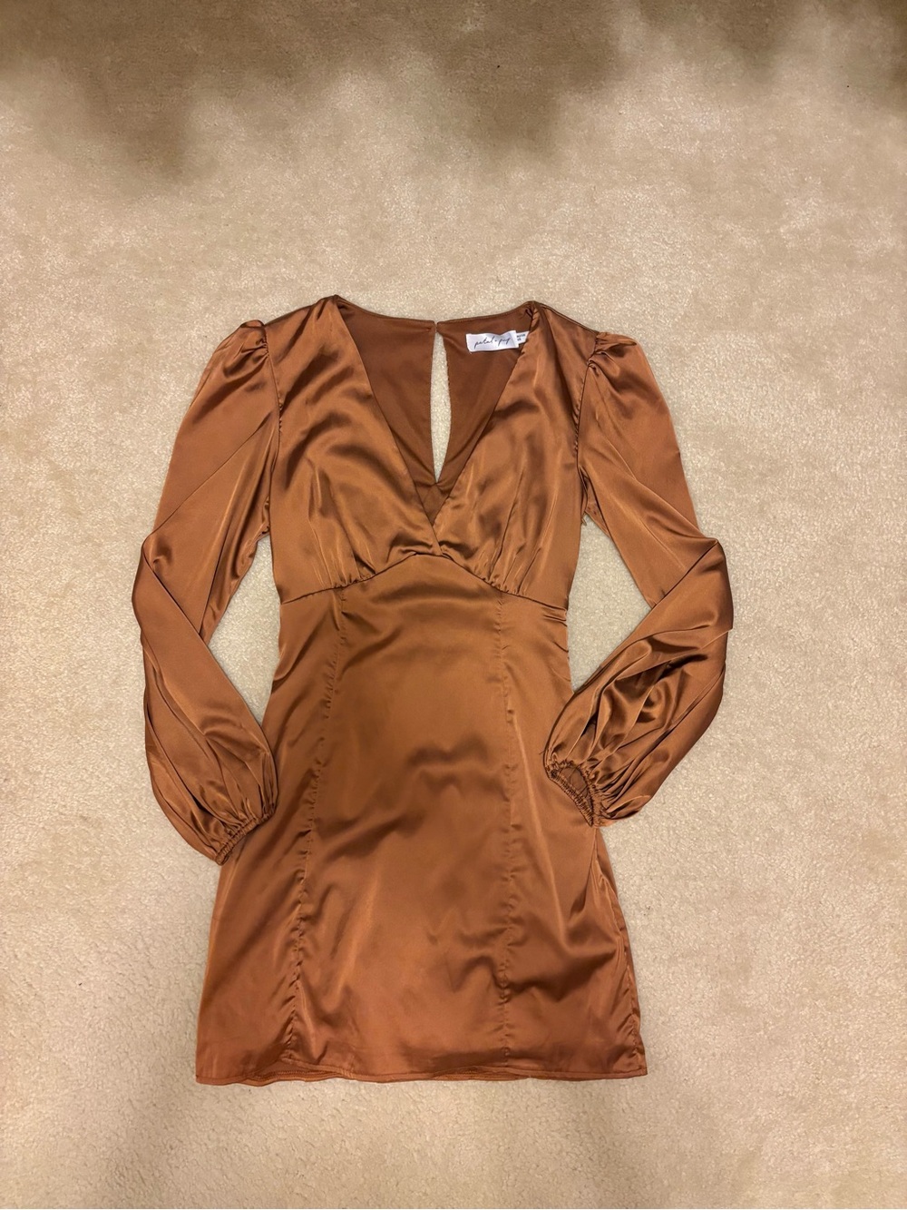 Petal & Pup Satin Copper Long Sleeve V-Neck Mini Dress